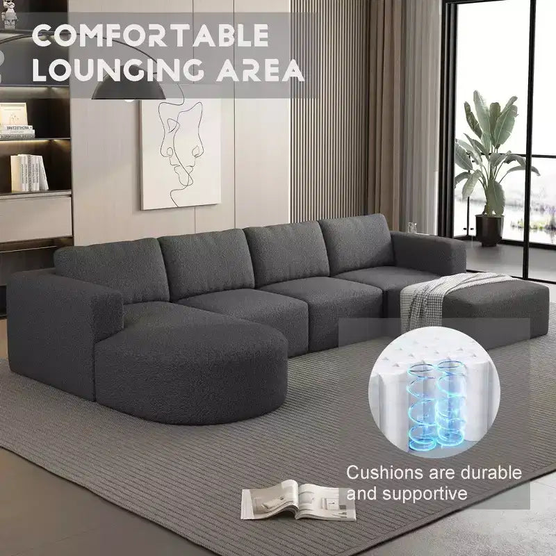 Divano letto componibile MAYEERTY 104,32*70,86 pollici, set a forma di U convertibile con chaise longue e pouf, spugna compressa, grigio scuro, combinazione A+B+C+D