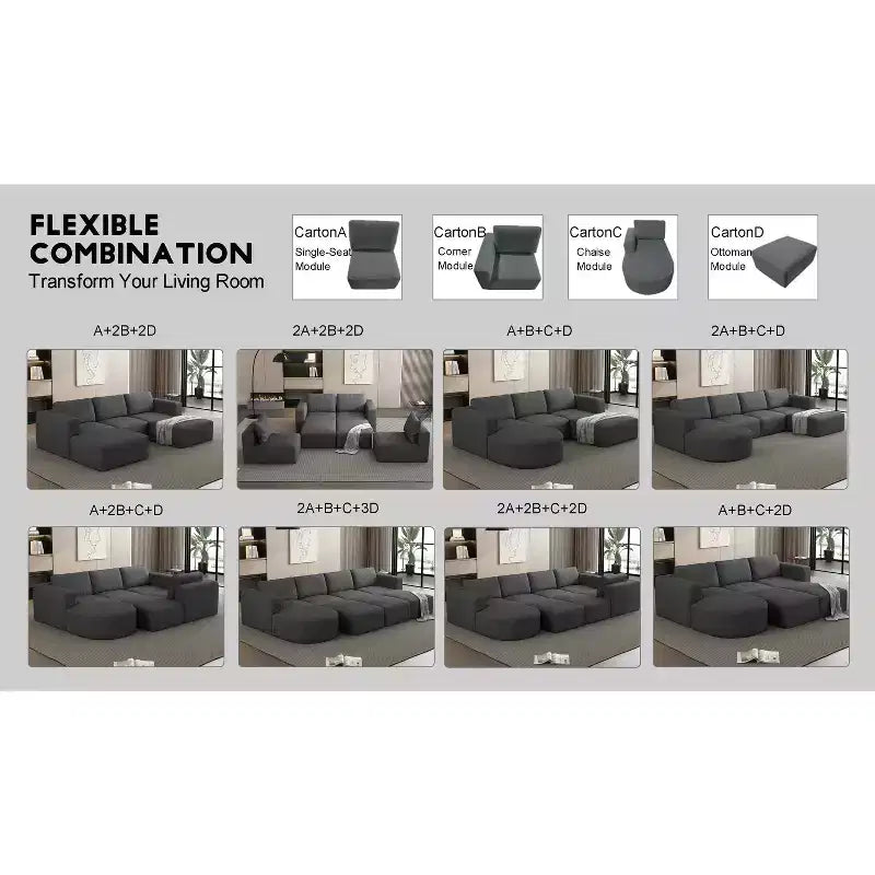 Divano letto componibile MAYEERTY 104,32*70,86 pollici, set a forma di U convertibile con chaise longue e pouf, spugna compressa, grigio scuro, combinazione A+B+C+D