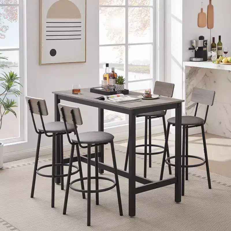 Set tavolo da pranzo 5 pezzi, set tavolo da bar con 4 sgabelli imbottiti, schienale in legno, poggiapiedi ad anello, per soggiorno studio sala da pranzo