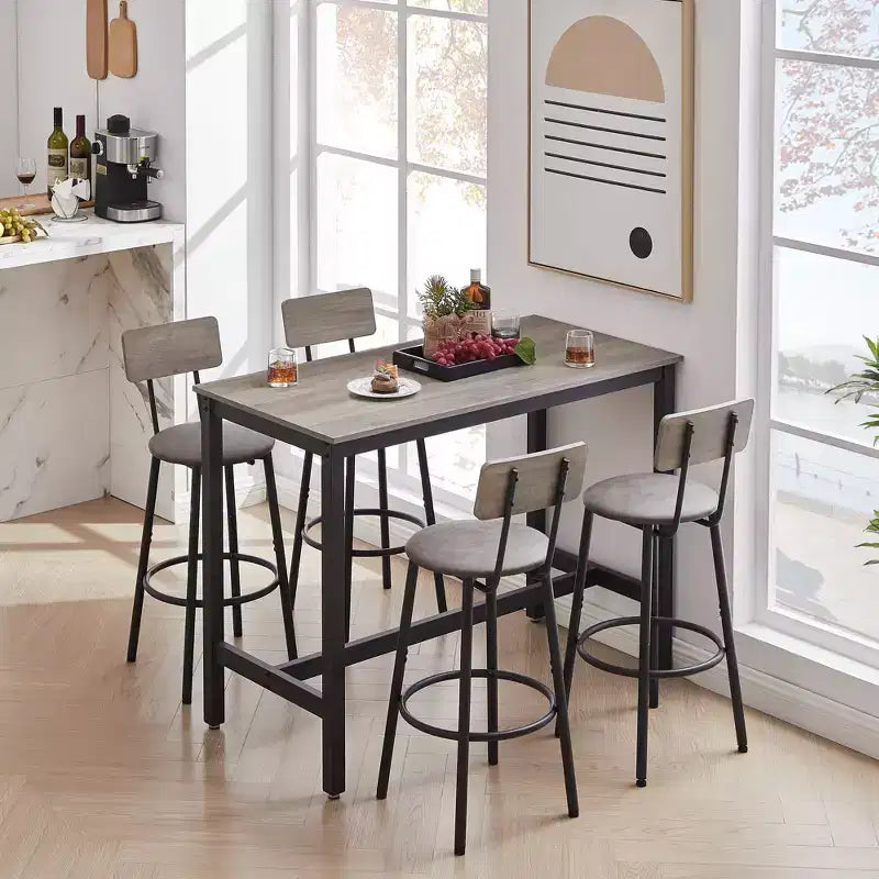 Set tavolo da pranzo 5 pezzi, set tavolo da bar con 4 sgabelli imbottiti, schienale in legno, poggiapiedi ad anello, per soggiorno studio sala da pranzo