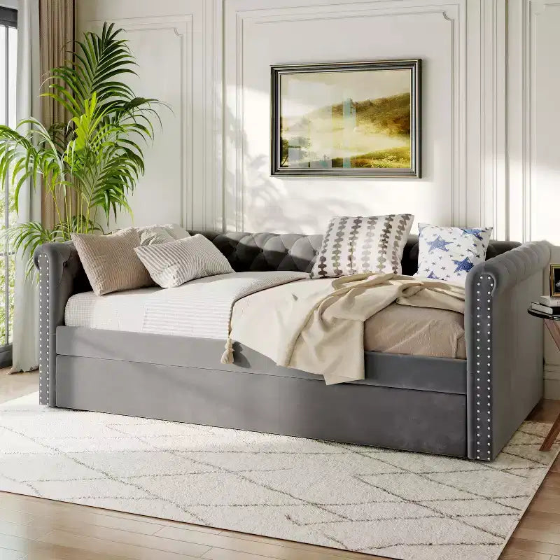 Christopher Knight Home Divano Letto Imbottito con Bottoni Capitonnè in Velluto con Letto Estraibile
