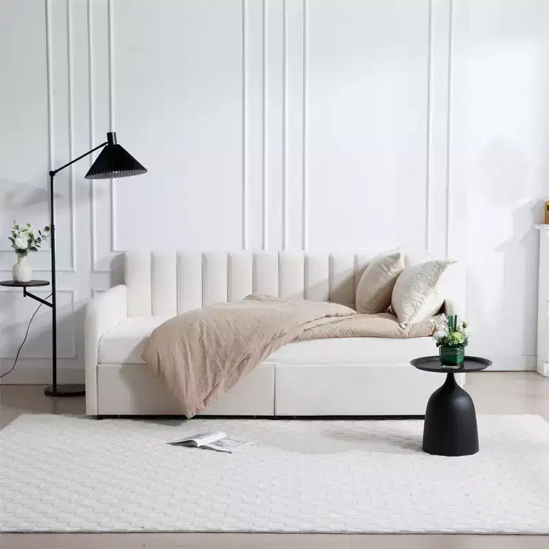 Twin Size Beige Velvet Upholstered Daybed with Ribbed Tufted Backrest - Lavish Modern Design, Richly Hued Foam Comfort for Stylish Relaxation