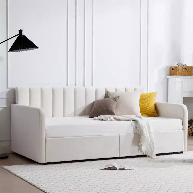 Divano Letto Singolo in Velluto Beige con Schienale Trapuntato a Costine - Design Moderno Sontuoso, Comfort in Schiuma dai Colori Ricchi per un Rilassamento Elegante
