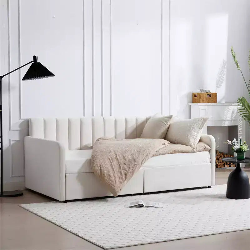 Divano Letto Singolo in Velluto Beige con Schienale Trapuntato a Costine - Design Moderno Sontuoso, Comfort in Schiuma dai Colori Ricchi per un Rilassamento Elegante