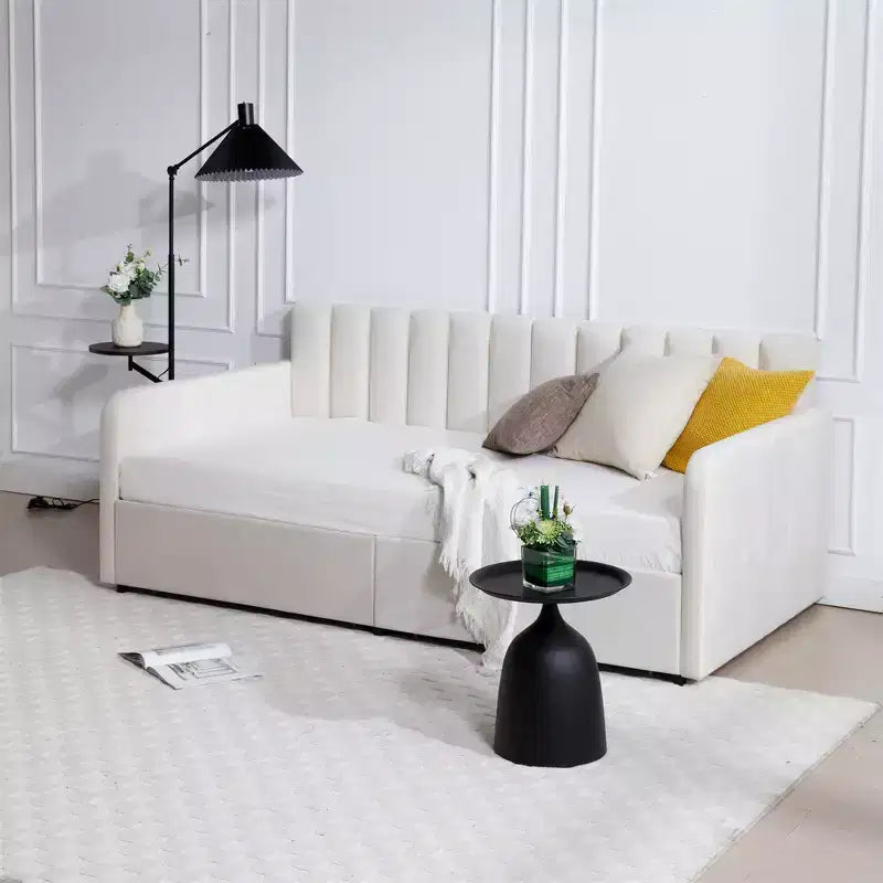 Divano Letto Singolo in Velluto Beige con Schienale Trapuntato a Costine - Design Moderno Sontuoso, Comfort in Schiuma dai Colori Ricchi per un Rilassamento Elegante