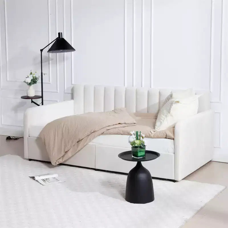 Divano Letto Singolo in Velluto Beige con Schienale Trapuntato a Costine - Design Moderno Sontuoso, Comfort in Schiuma dai Colori Ricchi per un Rilassamento Elegante