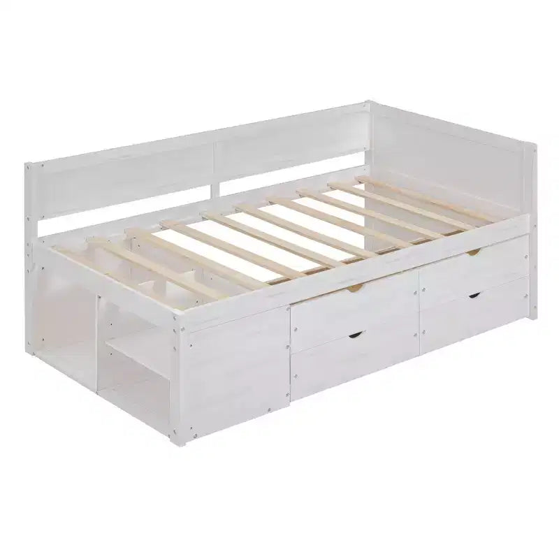 Divano letto in legno Luxystar Twin con 4 cassetti e mensole