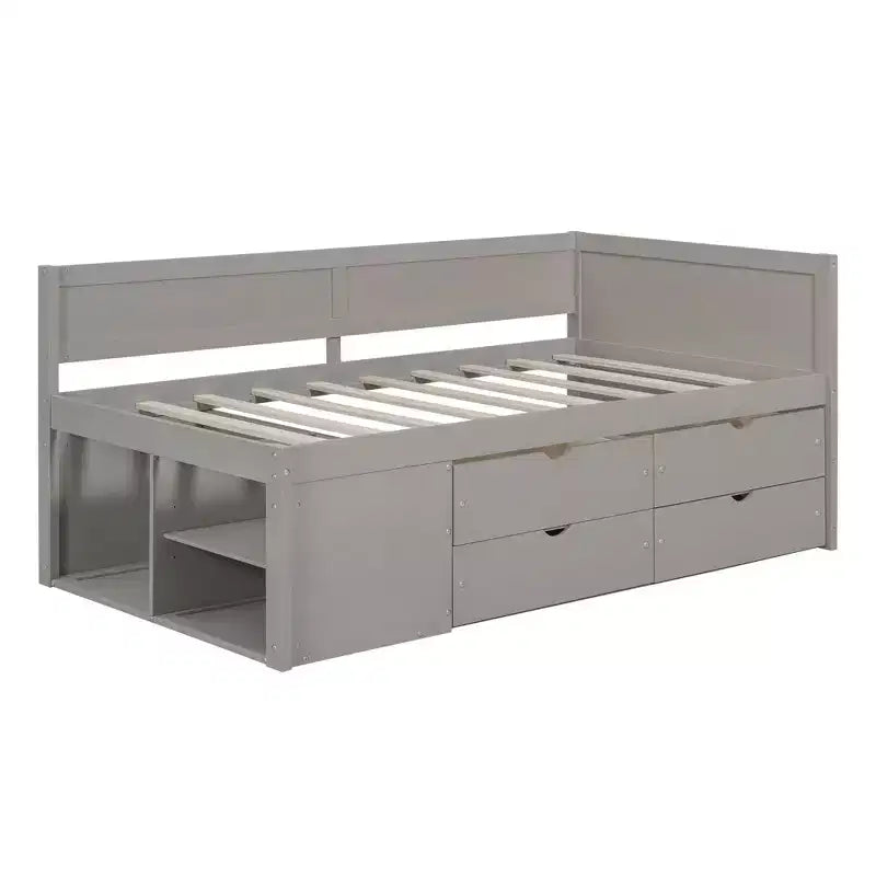 Divano letto in legno Luxystar Twin con 4 cassetti e mensole