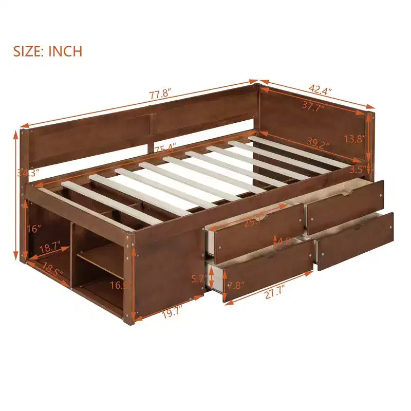 Divano letto in legno Luxystar Twin con 4 cassetti e mensole