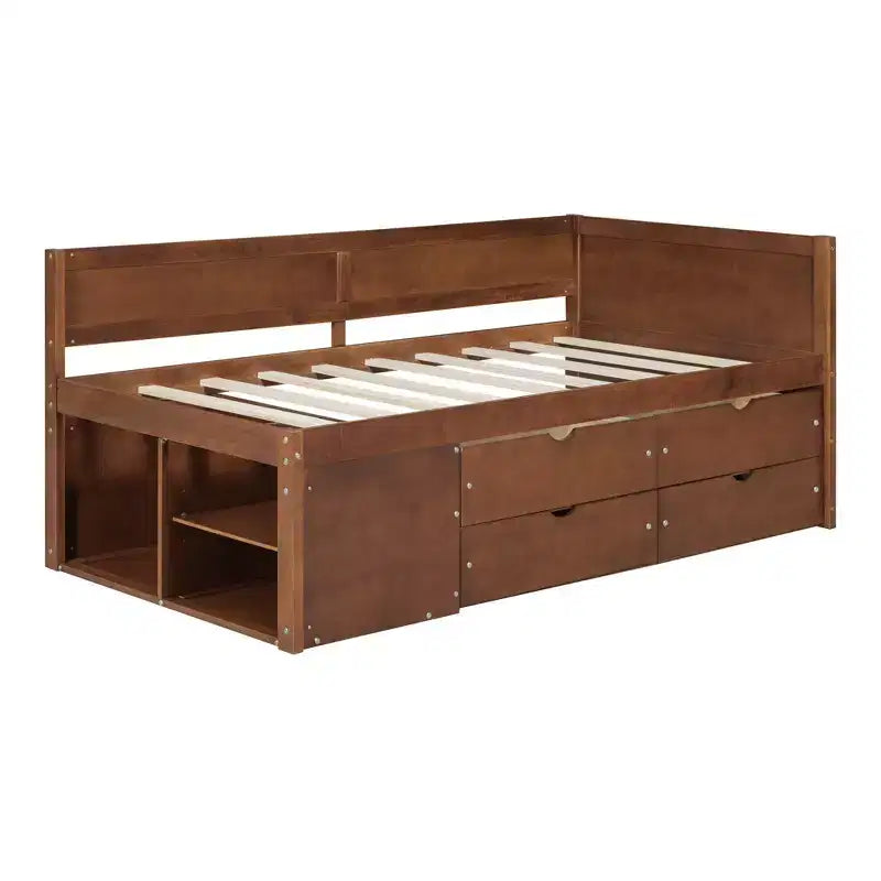 Divano letto in legno Luxystar Twin con 4 cassetti e mensole