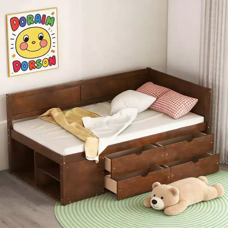 Divano letto in legno Luxystar Twin con 4 cassetti e mensole