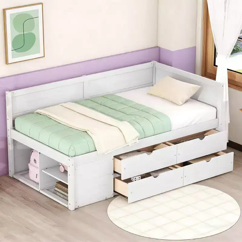 Divano letto in legno Luxystar Twin con 4 cassetti e mensole