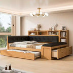Struttura letto a giorno in legno di Whisen a grandezza naturale con letto estraibile, ripiani, panca e testiera imbottita