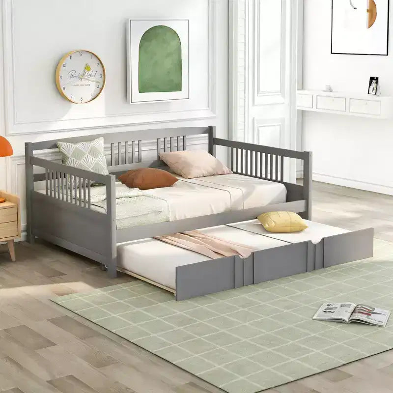 Luxystar Letto a giorno moderno in legno Full Size con letto estraibile singolo