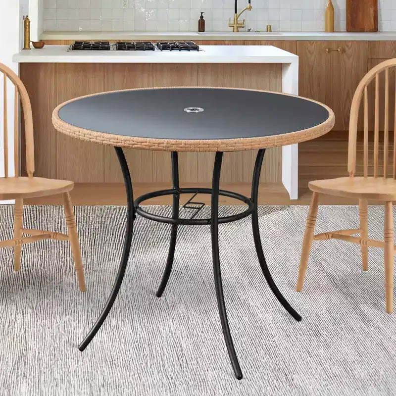 EROMMY Tavolo da Pranzo per Esterno da 35'' per 4 Persone, Tavolino Rotondo da Patio in Rattan con Piano in Vetro Temperato e Robusto Telaio in Ferro, Resistente alle Intemperie per Patio