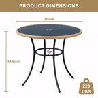 EROMMY Tavolo da Pranzo per Esterno da 35'' per 4 Persone, Tavolino Rotondo da Patio in Rattan con Piano in Vetro Temperato e Robusto Telaio in Ferro, Resistente alle Intemperie per Patio