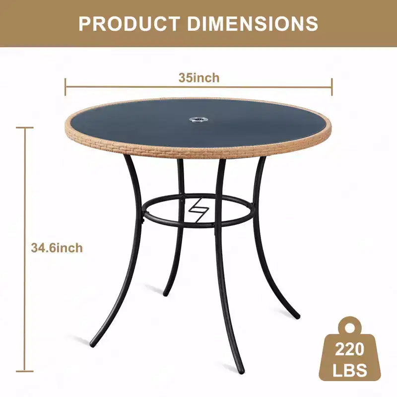 EROMMY Tavolo da Pranzo per Esterno da 35'' per 4 Persone, Tavolino Rotondo da Patio in Rattan con Piano in Vetro Temperato e Robusto Telaio in Ferro, Resistente alle Intemperie per Patio