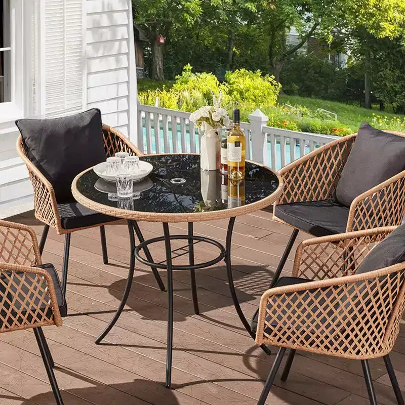 EROMMY Tavolo da Pranzo per Esterno da 35'' per 4 Persone, Tavolino Rotondo da Patio in Rattan con Piano in Vetro Temperato e Robusto Telaio in Ferro, Resistente alle Intemperie per Patio