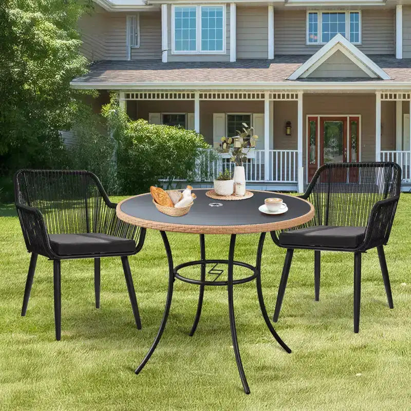 EROMMY Tavolo da Pranzo per Esterno da 35'' per 4 Persone, Tavolino Rotondo da Patio in Rattan con Piano in Vetro Temperato e Robusto Telaio in Ferro, Resistente alle Intemperie per Patio