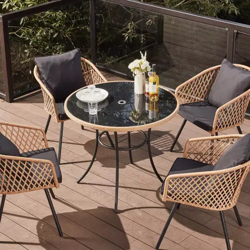EROMMY Tavolo da Pranzo per Esterno da 35'' per 4 Persone, Tavolino Rotondo da Patio in Rattan con Piano in Vetro Temperato e Robusto Telaio in Ferro, Resistente alle Intemperie per Patio