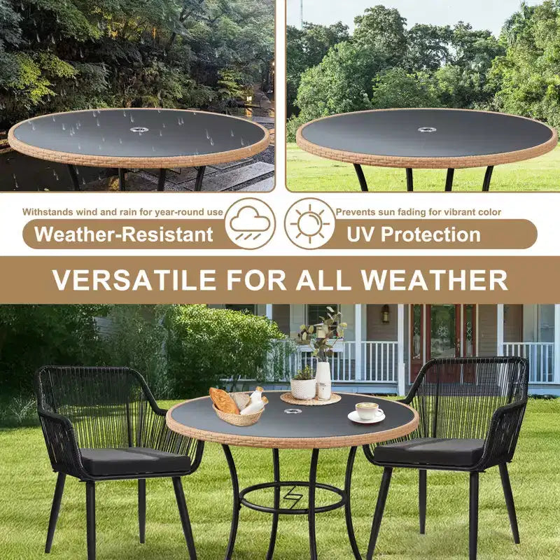 EROMMY Tavolo da Pranzo per Esterno da 35'' per 4 Persone, Tavolino Rotondo da Patio in Rattan con Piano in Vetro Temperato e Robusto Telaio in Ferro, Resistente alle Intemperie per Patio