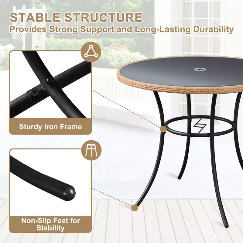 EROMMY Tavolo da Pranzo per Esterno da 35'' per 4 Persone, Tavolino Rotondo da Patio in Rattan con Piano in Vetro Temperato e Robusto Telaio in Ferro, Resistente alle Intemperie per Patio