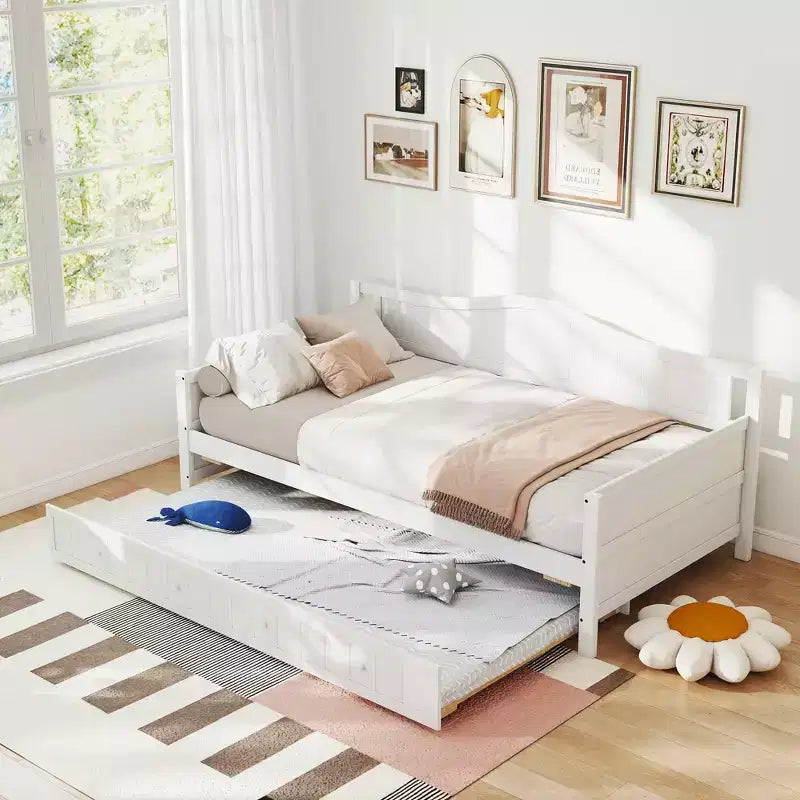 MAYEERTY Struttura letto singolo con letto estraibile, testiera integrata, braccioli, letto in legno salvaspazio