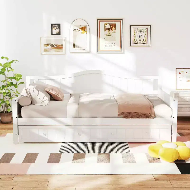MAYEERTY Struttura letto singolo con letto estraibile, testiera integrata, braccioli, letto in legno salvaspazio