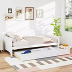 MAYEERTY Struttura letto singolo con letto estraibile, testiera integrata, braccioli, letto in legno salvaspazio