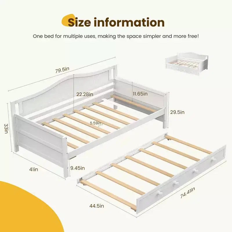 MAYEERTY Struttura letto singolo con letto estraibile, testiera integrata, braccioli, letto in legno salvaspazio