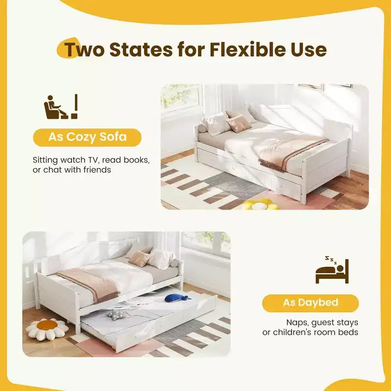 MAYEERTY Struttura letto singolo con letto estraibile, testiera integrata, braccioli, letto in legno salvaspazio