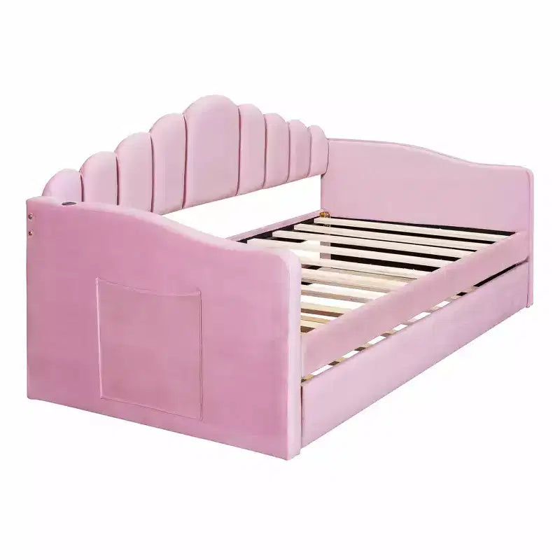 Divano letto singolo imbottito con letto estraibile e stazione di ricarica USB, daybed in velluto per camera da letto, rosa