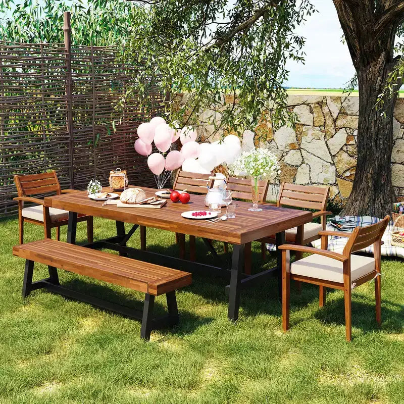 GDFStudio Murray Set da pranzo da esterno moderno a 7 pezzi in legno di acacia con tavolo, panca e sedie imbottite