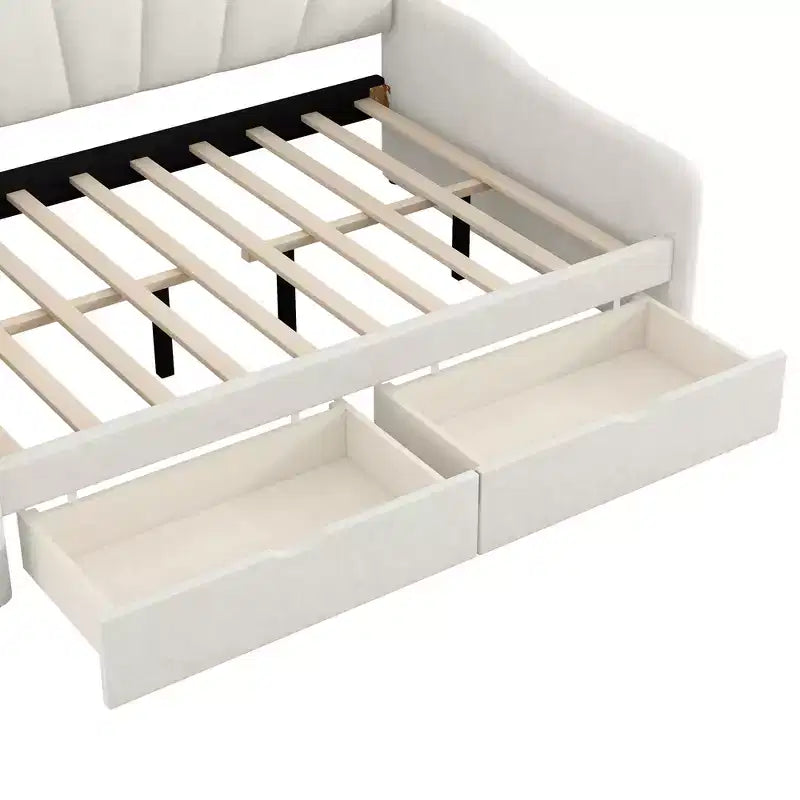 Letto a giorno matrimoniale con contenitore, divano letto in velluto con 2 cassetti, struttura letto a giorno moderna con schienale a conchiglia