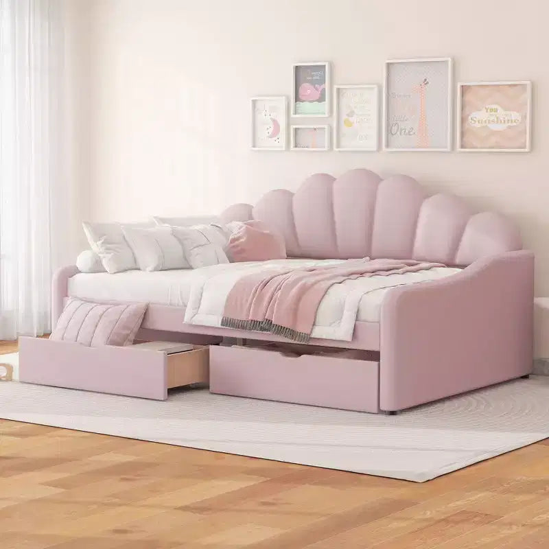 Letto a giorno matrimoniale con contenitore, divano letto in velluto con 2 cassetti, struttura letto a giorno moderna con schienale a conchiglia