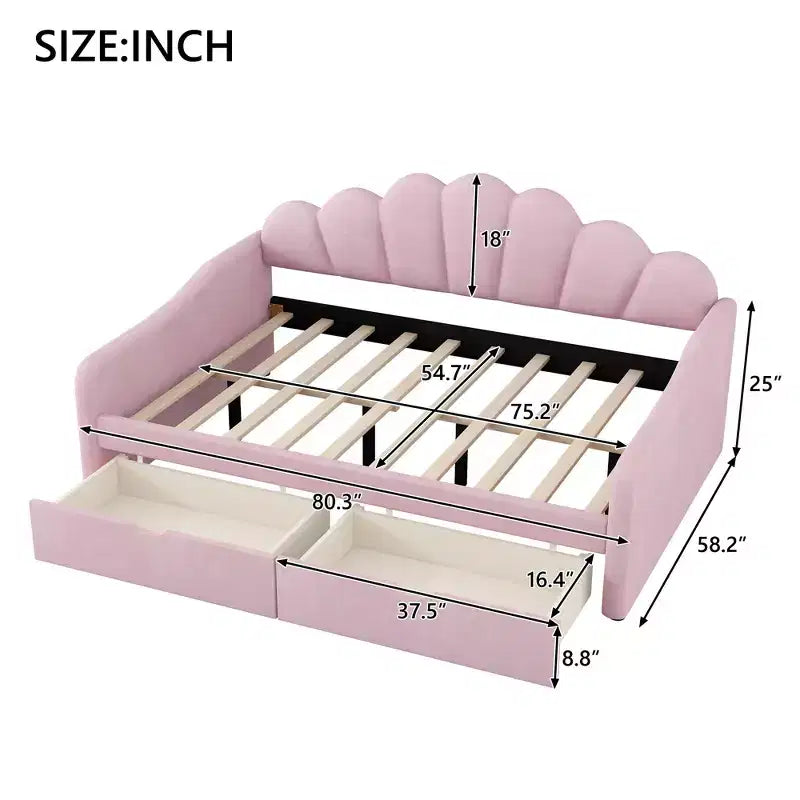 Letto a giorno matrimoniale con contenitore, divano letto in velluto con 2 cassetti, struttura letto a giorno moderna con schienale a conchiglia