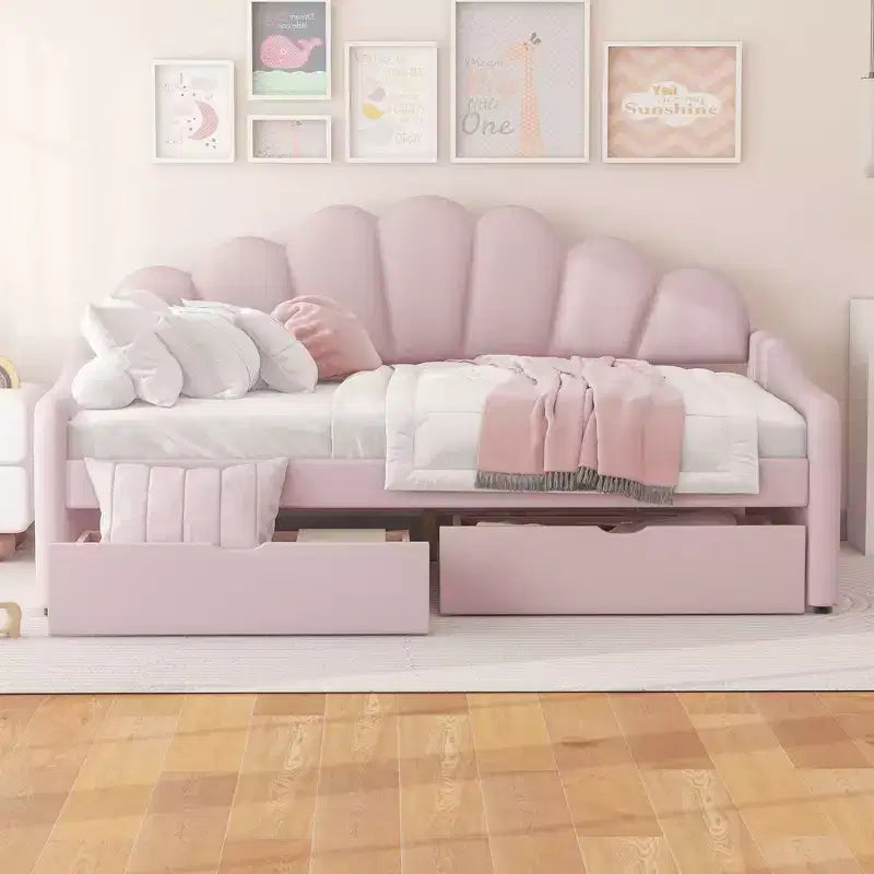Letto a giorno matrimoniale con contenitore, divano letto in velluto con 2 cassetti, struttura letto a giorno moderna con schienale a conchiglia