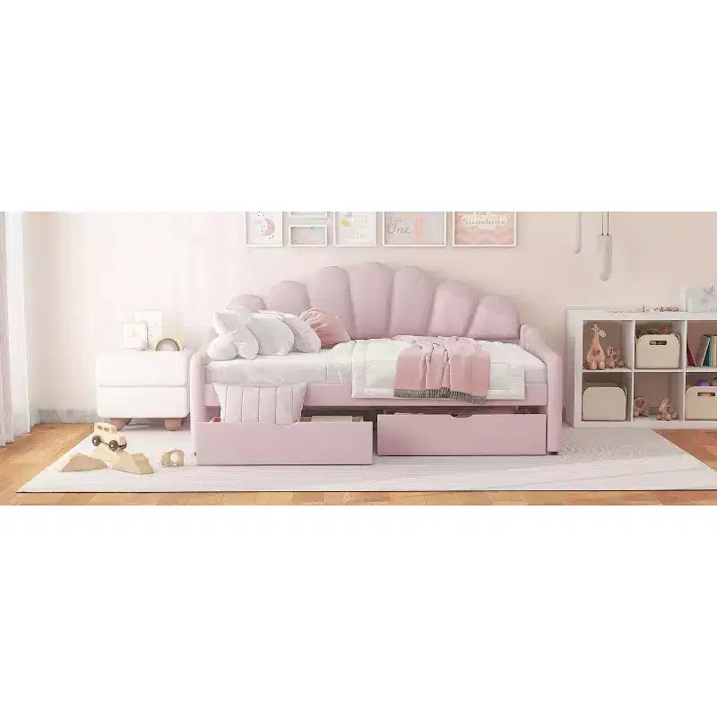 Letto a giorno matrimoniale con contenitore, divano letto in velluto con 2 cassetti, struttura letto a giorno moderna con schienale a conchiglia