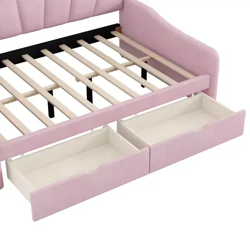 Letto a giorno matrimoniale con contenitore, divano letto in velluto con 2 cassetti, struttura letto a giorno moderna con schienale a conchiglia