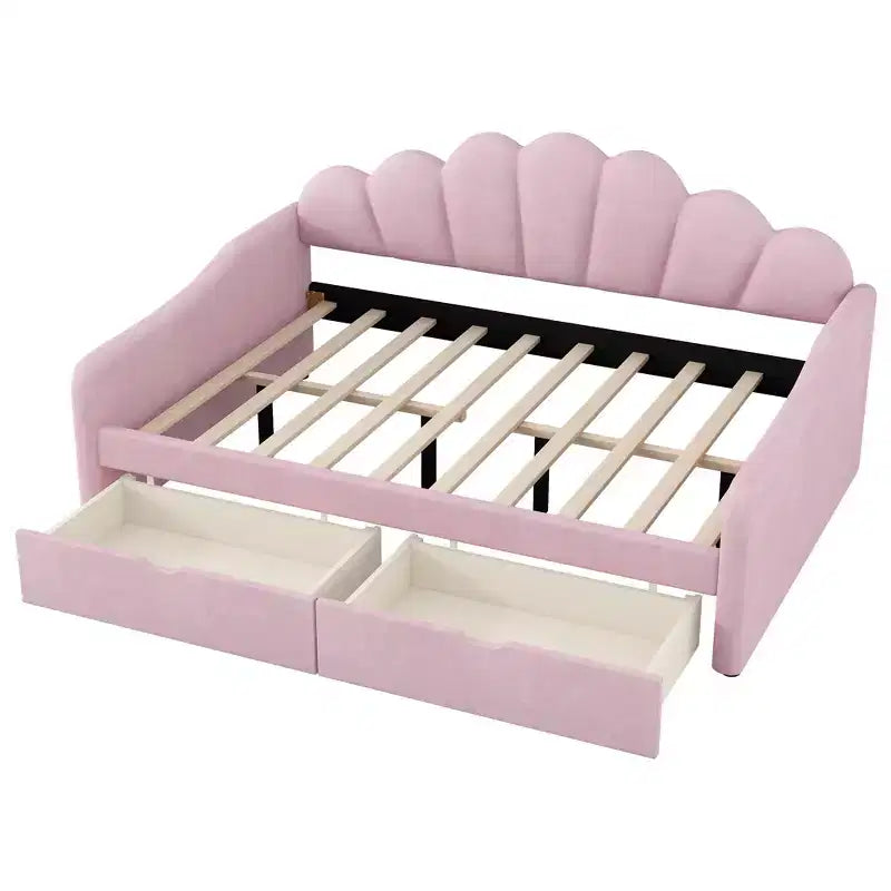 Letto a giorno matrimoniale con contenitore, divano letto in velluto con 2 cassetti, struttura letto a giorno moderna con schienale a conchiglia