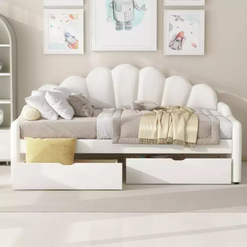 Letto a giorno matrimoniale con contenitore, divano letto in velluto con 2 cassetti, struttura letto a giorno moderna con schienale a conchiglia