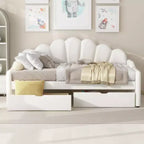 Letto a giorno matrimoniale con contenitore, divano letto in velluto con 2 cassetti, struttura letto a giorno moderna con schienale a conchiglia