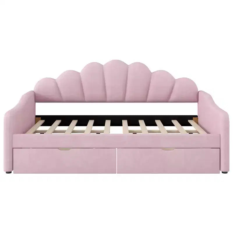 Letto a giorno matrimoniale con contenitore, divano letto in velluto con 2 cassetti, struttura letto a giorno moderna con schienale a conchiglia