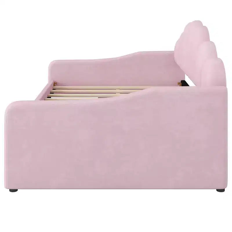 Letto a giorno matrimoniale con contenitore, divano letto in velluto con 2 cassetti, struttura letto a giorno moderna con schienale a conchiglia