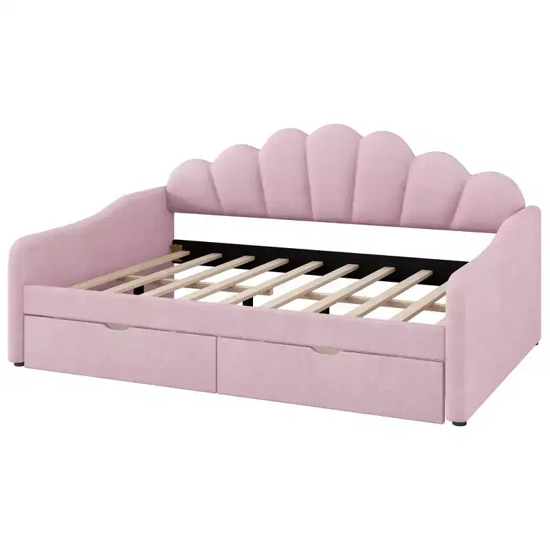 Letto a giorno matrimoniale con contenitore, divano letto in velluto con 2 cassetti, struttura letto a giorno moderna con schienale a conchiglia