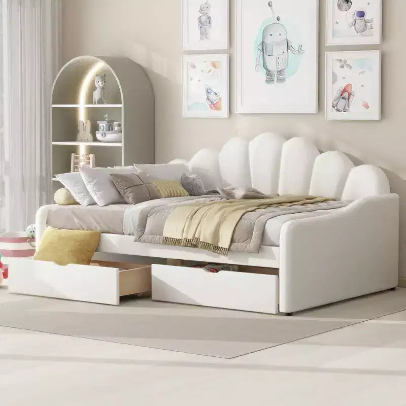 Letto a giorno matrimoniale con contenitore, divano letto in velluto con 2 cassetti, struttura letto a giorno moderna con schienale a conchiglia