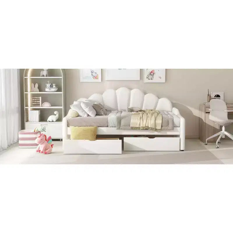 Letto a giorno matrimoniale con contenitore, divano letto in velluto con 2 cassetti, struttura letto a giorno moderna con schienale a conchiglia