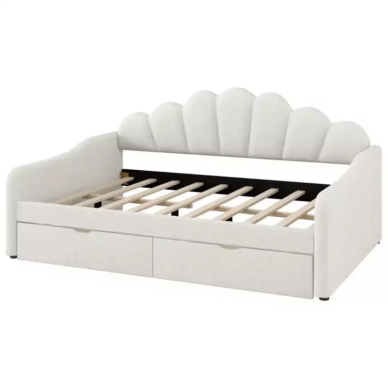 Letto a giorno matrimoniale con contenitore, divano letto in velluto con 2 cassetti, struttura letto a giorno moderna con schienale a conchiglia