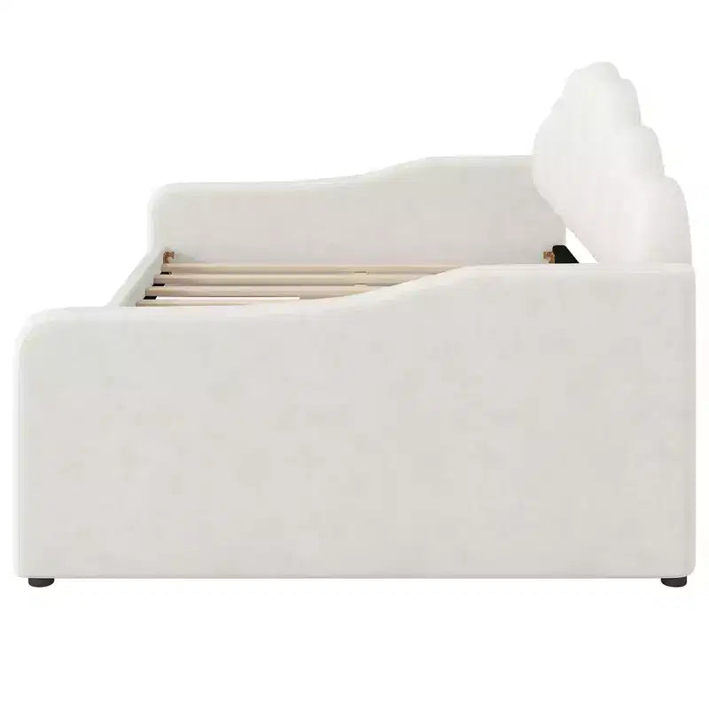 Letto a giorno matrimoniale con contenitore, divano letto in velluto con 2 cassetti, struttura letto a giorno moderna con schienale a conchiglia