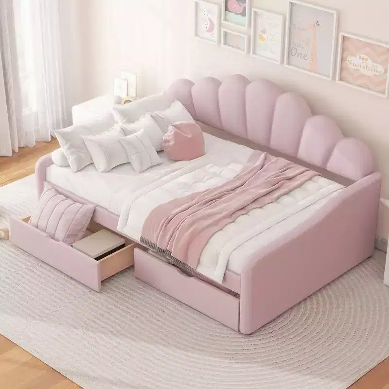 Letto a giorno matrimoniale con contenitore, divano letto in velluto con 2 cassetti, struttura letto a giorno moderna con schienale a conchiglia